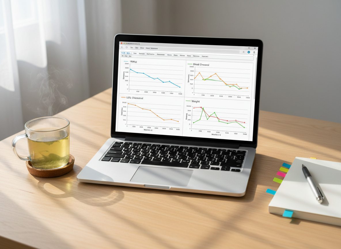A clean, professional-looking spreadsheet displayed on an open laptop set on a tidy light-wood table, showing trend graphs for HbA1c, LDL cholesterol, weight, and blood pressure gradually improving over several months. Next to the laptop lies a slim notebook with color-coded sticky tabs and a pen placed perfectly parallel. A cup of unsweetened green tea in a transparent glass mug sits on a coaster, faint steam rising. Soft morning light from a nearby window reflects off the laptop screen at a gentle angle, without glare, and casts subtle shadows of the mug handle. Photographic realism, eye-level composition with the laptop slightly off-center following the rule of thirds, creating a focused, analytical yet optimistic mood about monitoring and improving health metrics.