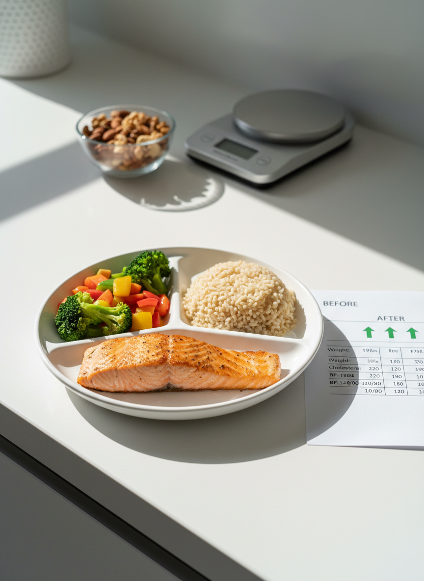 An immaculate kitchen counter with a divided plate displaying a balanced meal: grilled salmon with a light sear, colorful steamed vegetables, and a portion of brown rice, each neatly arranged. Next to the plate lies a folded paper showing before-and-after health check numbers with arrows indicating improvement. A sleek digital scale and a small bowl of mixed nuts stand in the background on the matte white countertop. Natural midday light streams in from the side, creating bright but soft highlights on the food and subtle shadows that emphasize texture. Photographic realism, captured from a slightly elevated angle with sharp focus throughout, conveying a clean, modern, and achievable approach to healthy eating for busy middle-aged office workers.