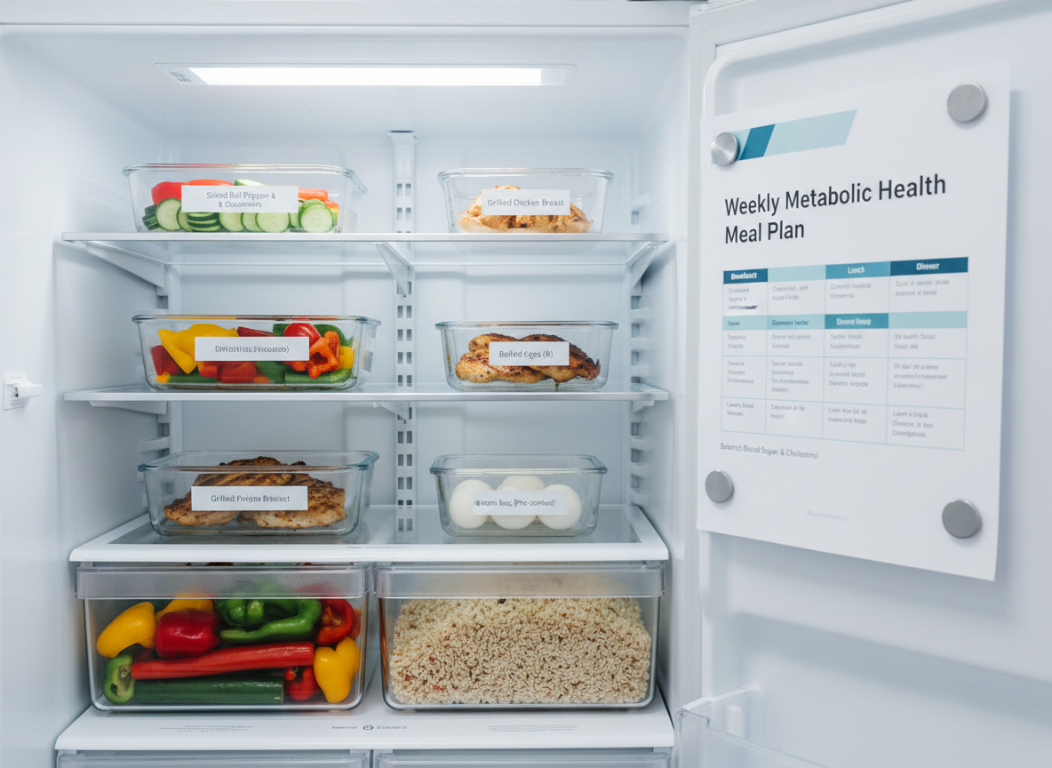 A refrigerator interior organized with clear, labeled containers: sliced colorful vegetables, grilled chicken breast, boiled eggs, and brown rice, all neatly stacked on glass shelves. On the inside of the refrigerator door, a printed weekly meal plan is magnetically pinned, showing structured breakfast, lunch, and dinner options designed to improve blood sugar and cholesterol levels. The cool white interior light creates bright, even illumination, enhancing the fresh textures and vivid colors of the ingredients. Photographic realism, shot from straight-on at eye level into the fridge, with sharp focus throughout to emphasize order and practicality, conveying a professional, systematic approach to meal prep for health-conscious middle-aged office workers.