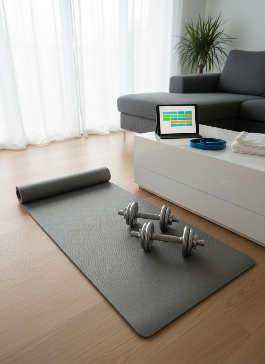 A modern living room corner with a single, well-used but well-maintained exercise mat neatly rolled out on a light wood floor. Next to it, a pair of medium-weight dumbbells, a resistance band, and a carefully folded towel are aligned parallel. On a low table nearby, a tablet displays a simple weekly workout plan chart with colored blocks for different days. Soft, diffused afternoon light filters through sheer curtains, washing the room in a gentle brightness without harsh shadows. Photographic realism, captured from a slightly elevated, three-quarter angle that includes both the mat and table, with moderate depth of field for clear detail. The atmosphere feels realistic, approachable, and organized, ideal for showing that even a busy 40–50s office worker can maintain consistent home exercise habits.