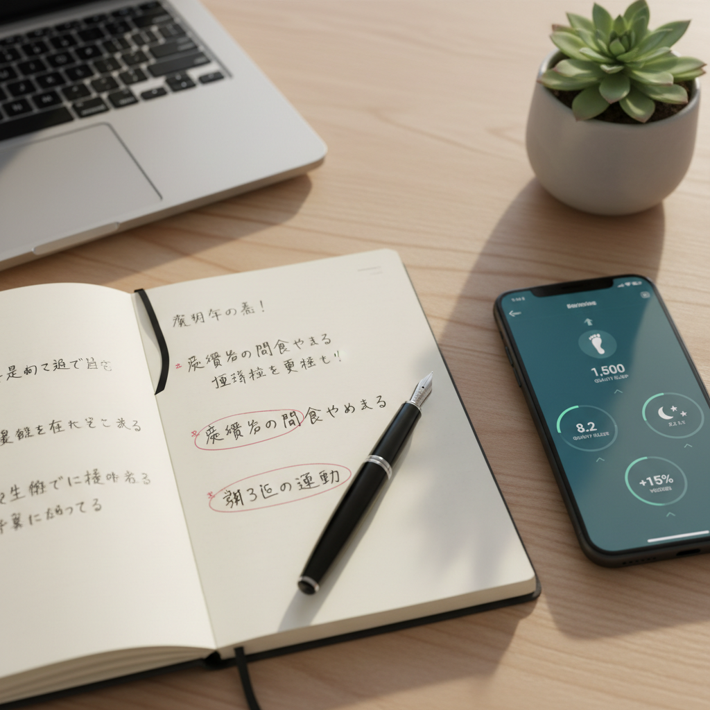 A tidy workspace featuring a slim, open notebook filled with neatly written Japanese reflections about daily habits, alongside circled phrases like “残業後の間食をやめる” and “週3回の運動”. A high-quality black pen rests diagonally across the page. Next to the notebook, a smartphone displays a health app dashboard with icons for steps, sleep, and nutrition, each showing recent improvements. The desk is a smooth, light-grain wood, with only a small plant and a closed laptop in the background. Warm, indirect afternoon light from a nearby window creates soft highlights on the paper and gentle shadows under the pen. Photographic realism, shot from a top-down angle with shallow depth of field, focusing on the written reflections, evoking a thoughtful, professional, and introspective approach to habit change.
