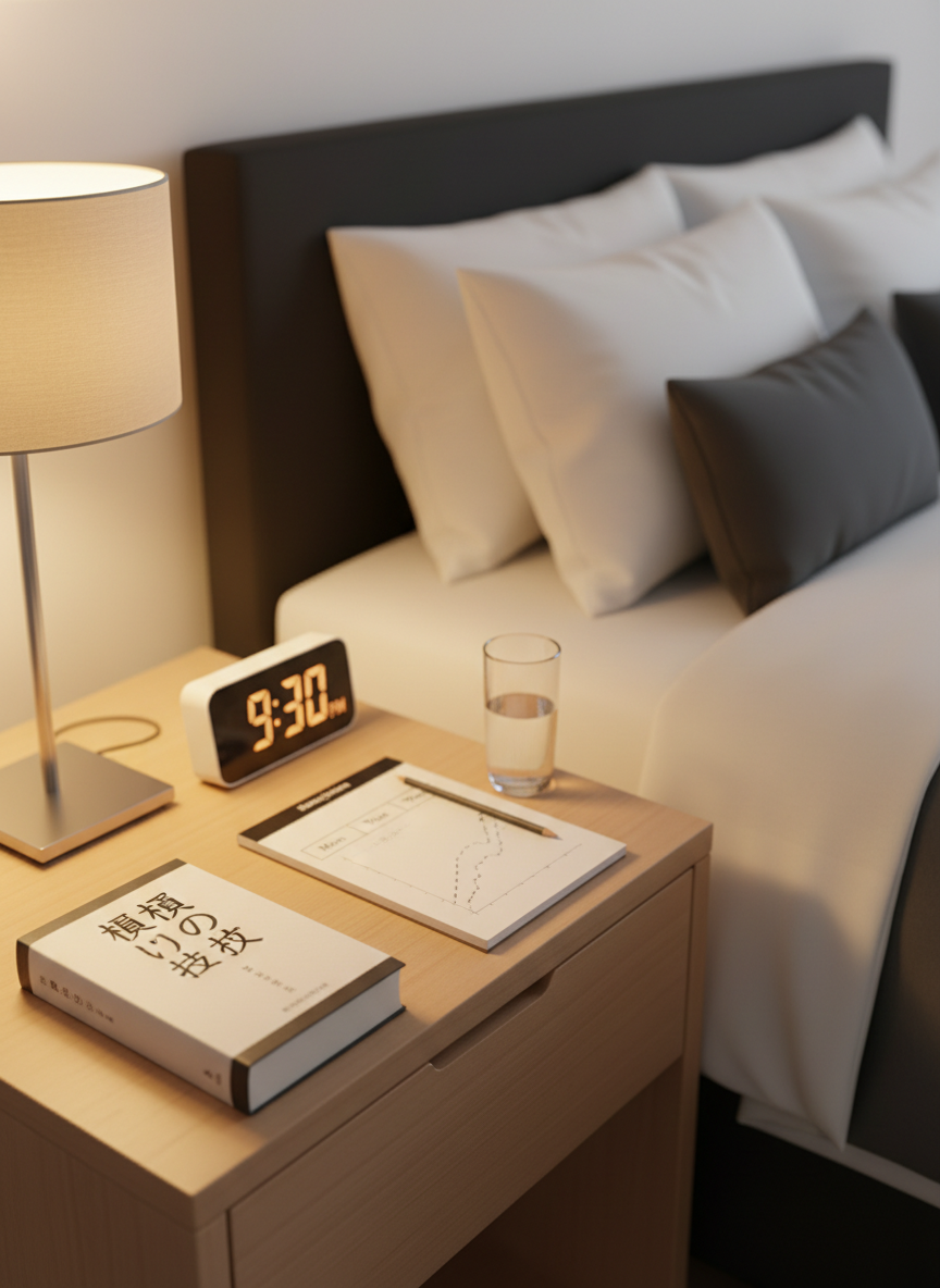 A pristine wooden nightstand beside a simple, neatly made bed, featuring a digital alarm clock set to an early bedtime, a closed hardcover book titled with Japanese characters about sleep, and a small glass of water. A notepad shows a simple hand-drawn sleep log with upward-trending lines. The bedding is white and gray, with smooth textures and carefully arranged pillows. Warm, dim bedside lamp light pools softly over the nightstand, leaving the rest of the room in gentle shadow. Photographic realism, shot at a slightly elevated close-up angle, with shallow depth of field that keeps the nightstand in sharp focus while the bed blurs softly, evoking a calm, restorative, and professional tone about improving sleep habits.