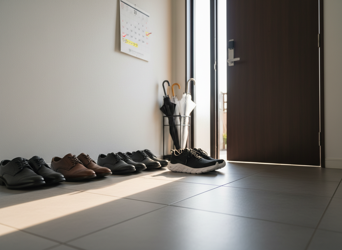 A minimalist hallway scene with a solid dark wooden front door slightly ajar, revealing an umbrella stand, a neatly lined row of polished business shoes, and, beside them, a pair of lightweight walking shoes with responsive soles ready for use. On the wall, a simple calendar features highlighted days labeled as “ウォーキング” and small check marks showing consistency. Late afternoon sunlight streams in at a low angle, creating long, soft shadows that stretch across the smooth floor tiles. Photographic realism, captured from a low angle near the shoes, emphasizing the walking shoes in clear focus while the door and calendar softly blur, suggesting a calm, realistic invitation to incorporate daily walking into a busy professional lifestyle.