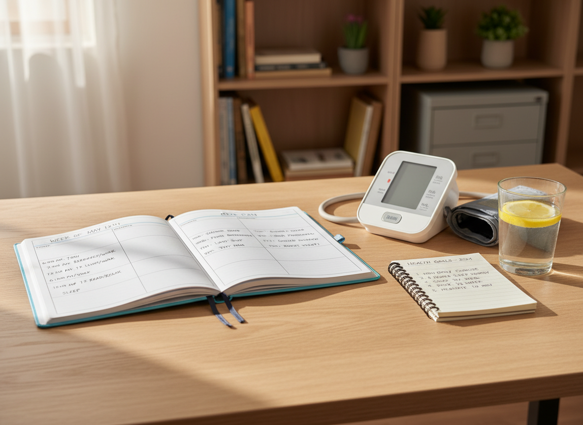 A neatly arranged wooden desk in a quiet home office, with a large open planner showing a weekly schedule of exercise, sleep, and meals written in clean handwriting. Beside it, a digital blood pressure monitor and a small notepad of health goals rest on the smooth, light oak surface. A glass of water infused with lemon slices adds a fresh touch. Soft morning sunlight enters from a window off-frame, casting gentle, elongated shadows across the desk. Photographic realism, shot at eye level with a slight angle, using a shallow depth of field so the planner is in crisp focus while the background bookshelves and tidy workspace blur softly, creating a calm, professional, and hopeful atmosphere for lifestyle improvement.