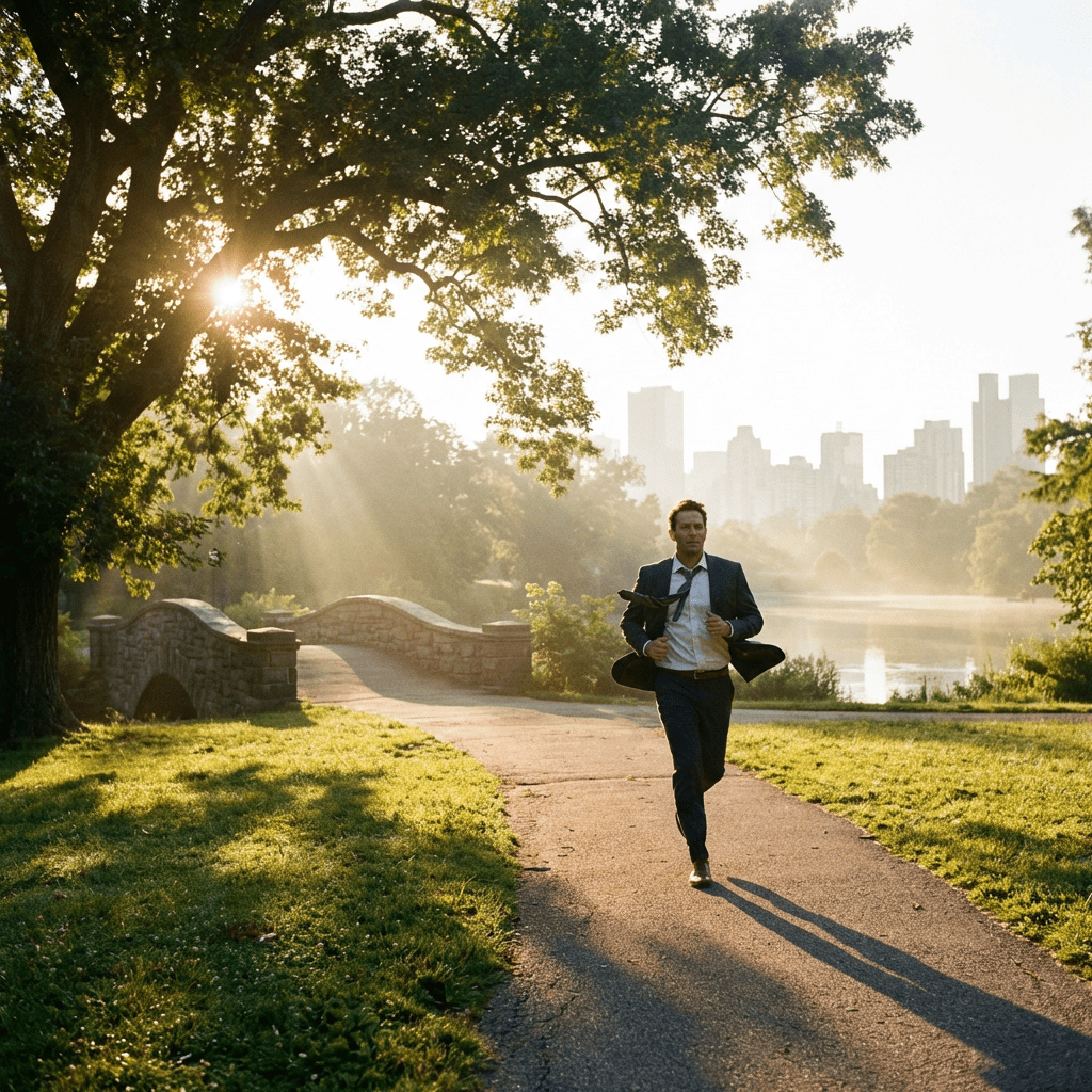 Businessman running on a park path at sunrise with a city skyline background.