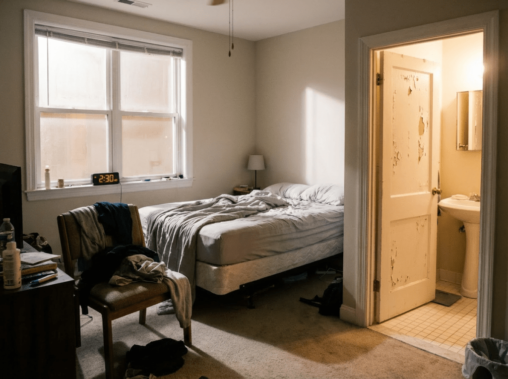 A dark bedroom with an unmade bed and a digital clock displaying 2:30.