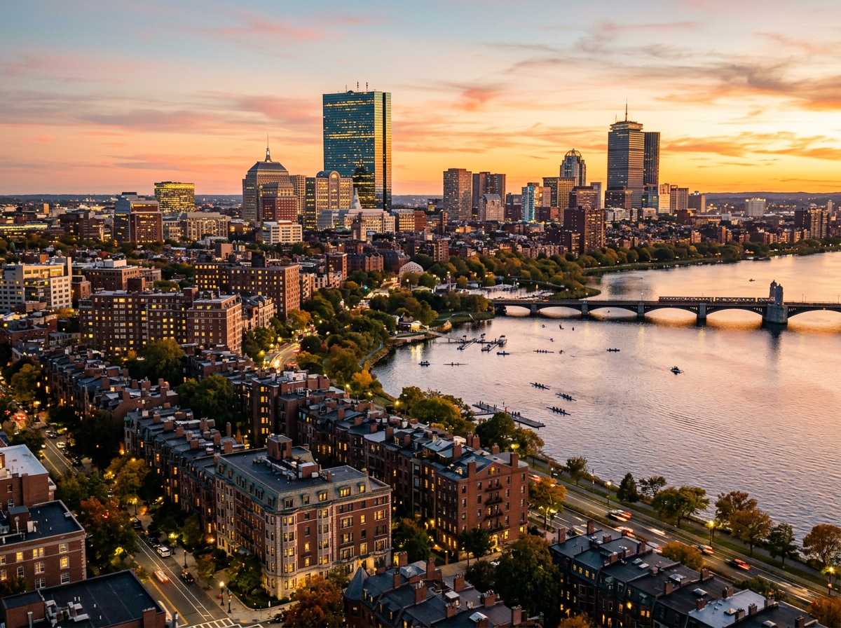 Boston skyline at sunset with Charles River and rowers