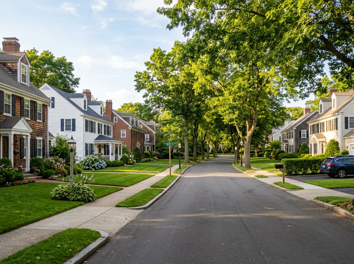 Suburban residential street with houses, green lawns, and large trees