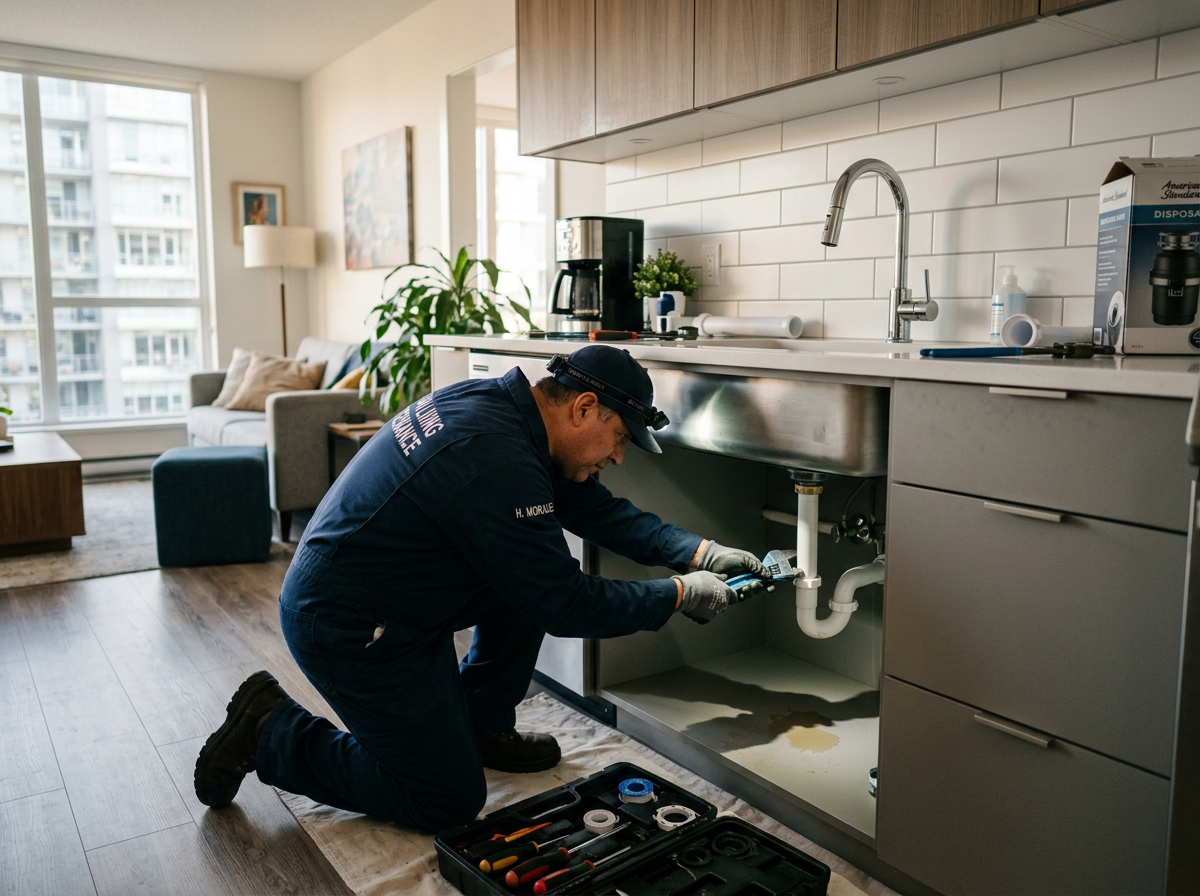 Plumber kneeling and repairing leaking pipe under kitchen sink