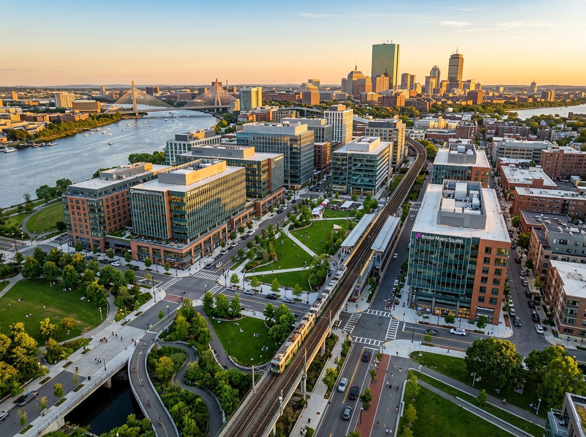 Aerial view of the Boston Seaport District with office buildings, a train on elevated tracks, green spaces, Charles River, and city skyline at sunset.