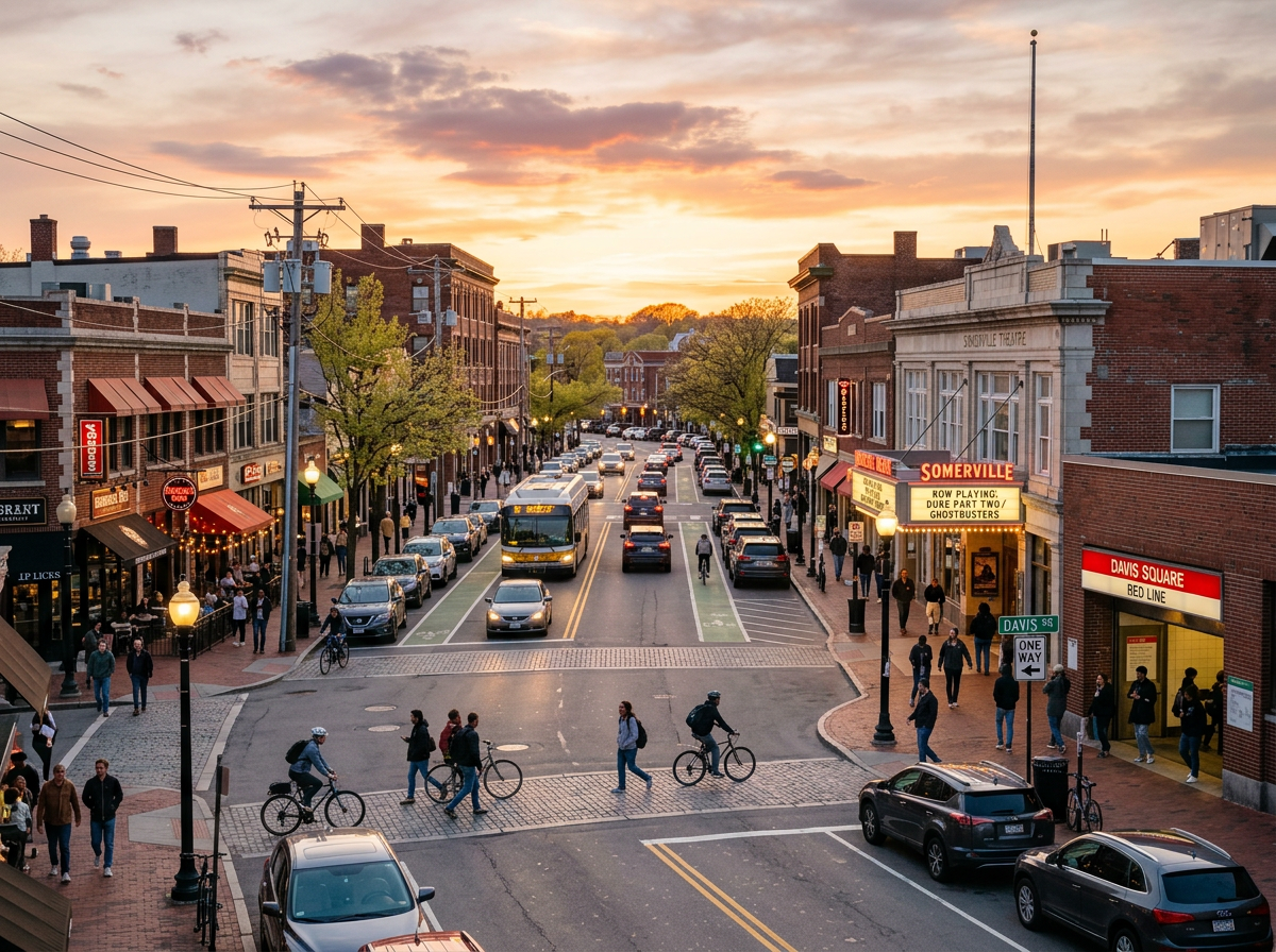 Busy Somerville street with cars, pedestrians, cyclists, and storefronts at sunset