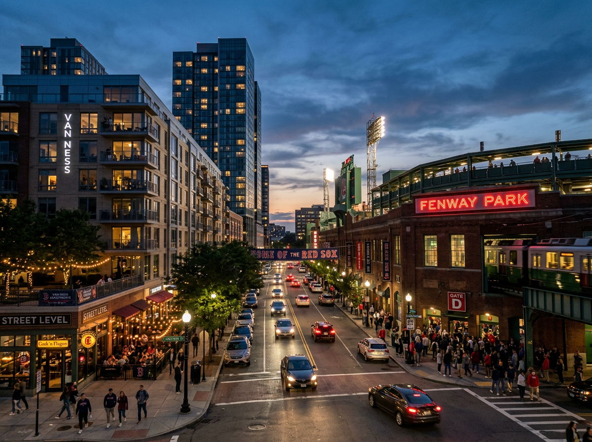 Street view with cars and pedestrians near Fenway Park entrance at dusk
