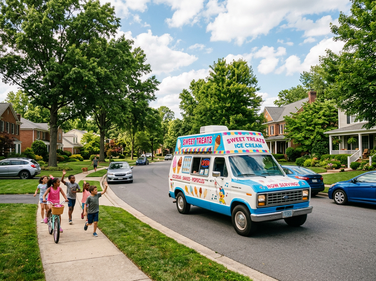 Children walking and biking toward a colorful ice cream truck labeled Sweet Treats Ice Cream in a suburban neighborhood