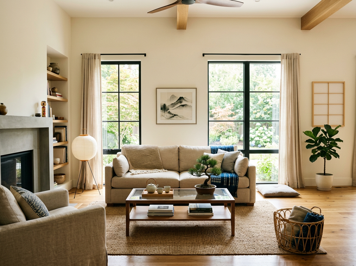 Living room with beige sofa, armchair, coffee table, and large windows showing greenery outside