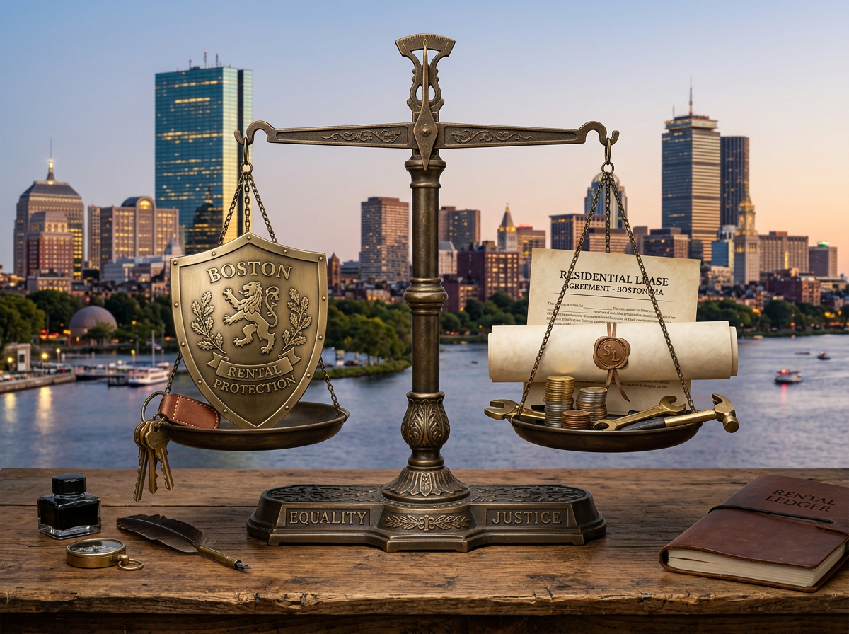 Justice scale showing Boston rental protection and residential lease documents