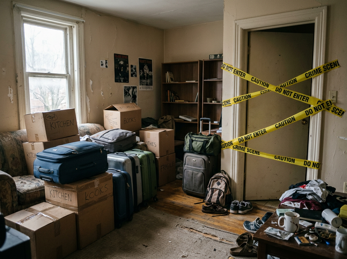 Room filled with labeled boxes and luggage behind crime-scene caution tape