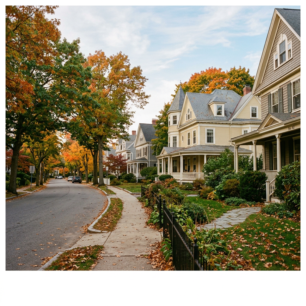 Tree-lined residential street with historic homes in autumn