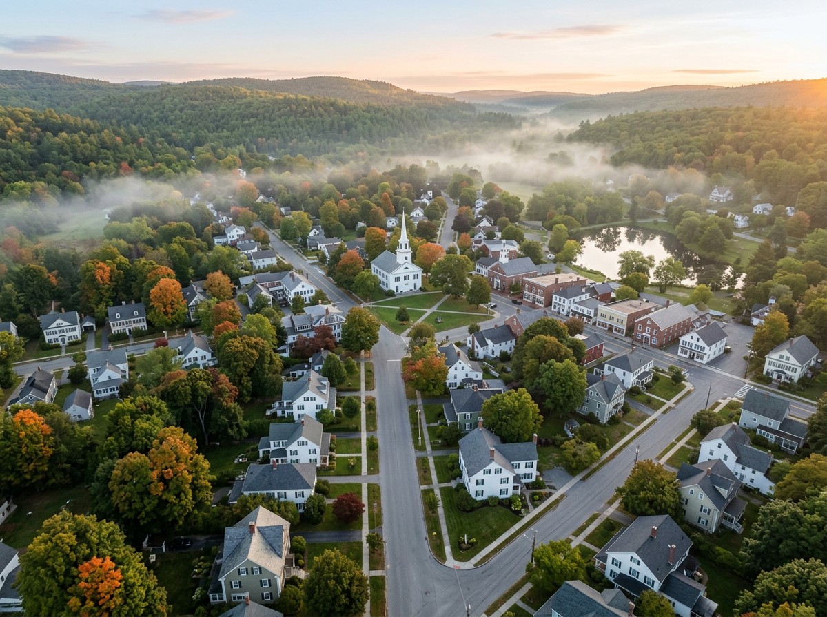 Aerial view of a New England village with church, lake, mist, and wooded hills