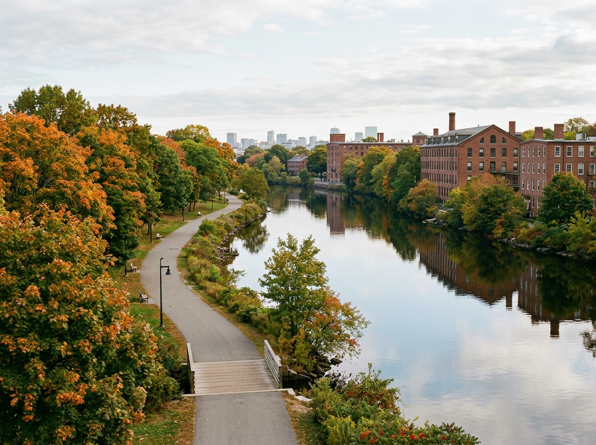 Autumn riverwalk beside a calm river, brick mills, and distant skyline